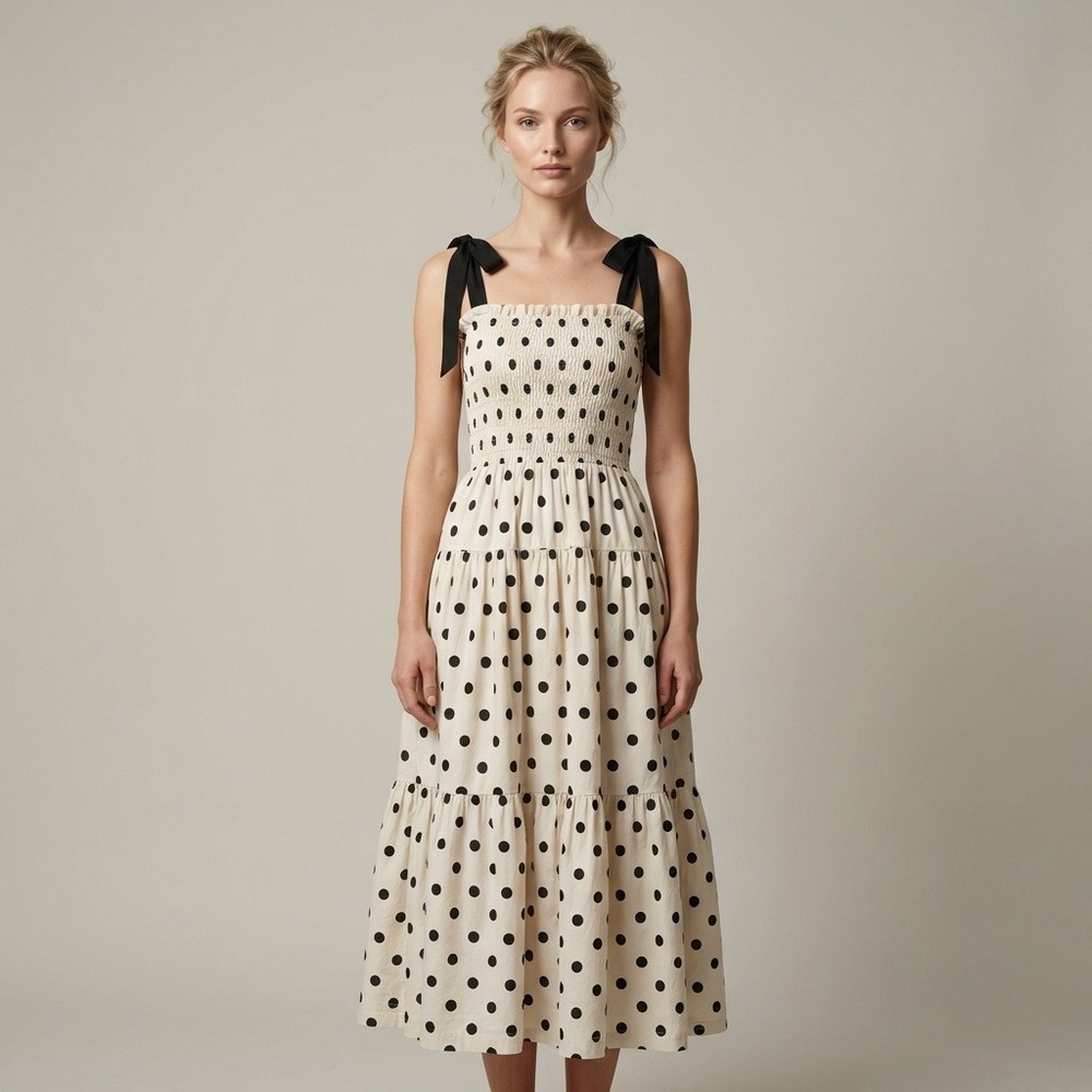 En Saison Polka Dot Smocked Tiered Maxi Dress Black Tulle Tie Shoulder XS